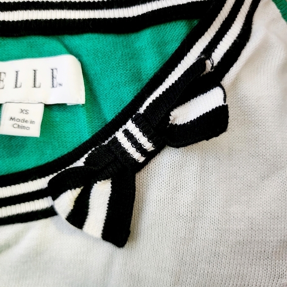 Elle Short Sleeve Sweater Top Green Black White Bow Collar Women's XS Preppy EUC - Picture 5 of 8